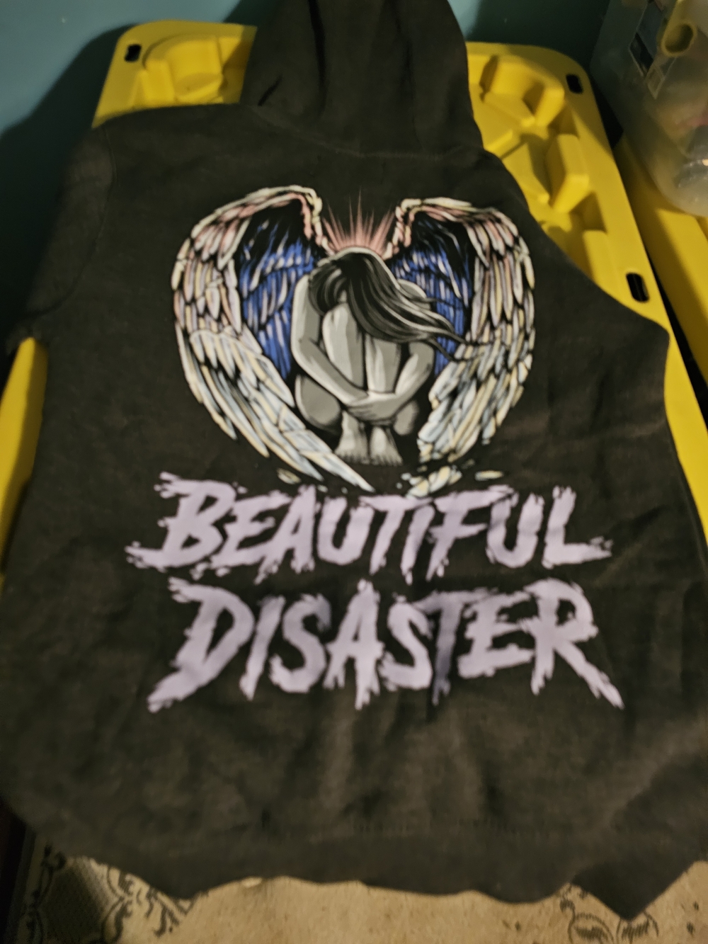 Beautiful Disaster Black Graphic Hoodie with Angel Wing Design